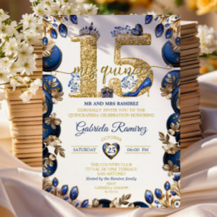 Convite Elegante Tiara Dourada Azul Real Mis Quince
