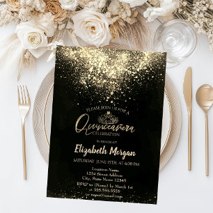 Convite Elegante Tiara Dourada, Confete Quinceañera