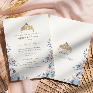 Convite Elegante Tiara Dourado rosas Azuis Quinceañera