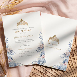 Convite Elegante Tiara Dourado rosas Azuis Quinceañera