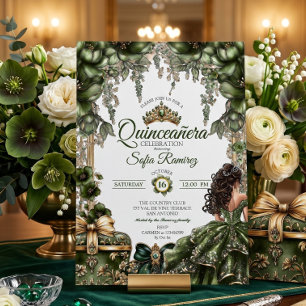 Convite Elegante Tiara Floral Verde Dourada Quinceañera
