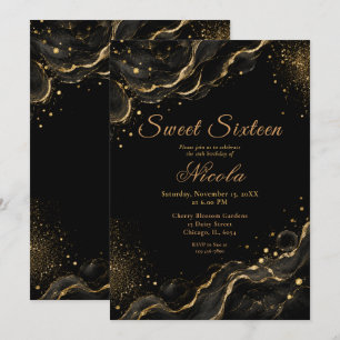 Convite Elegante Tinta Alcoólica Preta Dourada Sweet Sixte