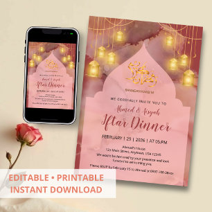 Convite Elegante Tinta Dourada Rosa e Marrom Iftar