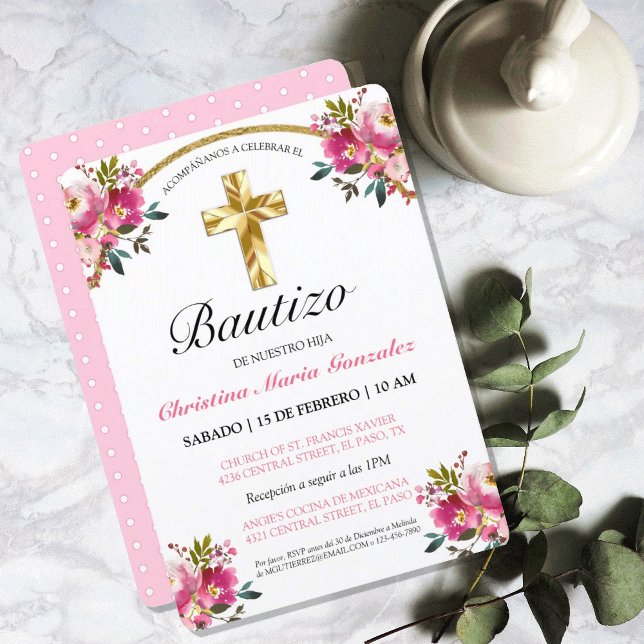 Convite Elegante Tinta Floral Bautizo Cruz De Oro (Elegante Tinta Floral Bautizo Cruz De Oro Invitation)