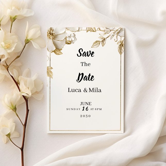 Convite Elegante tipografia de flores em ouro branco Save  (Elegant white gold flower typography Save the Date)