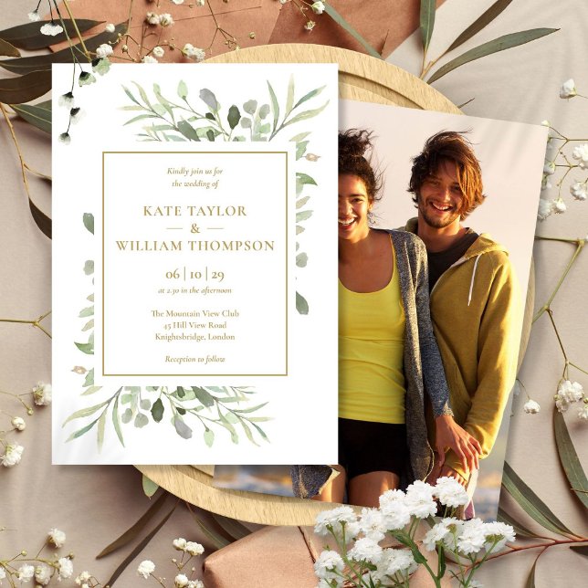 Convite Elegante Tipografia Dourada Fotografia de Folhagem (Elegant Gold Typography Greenery Photo Wedding Invitation)