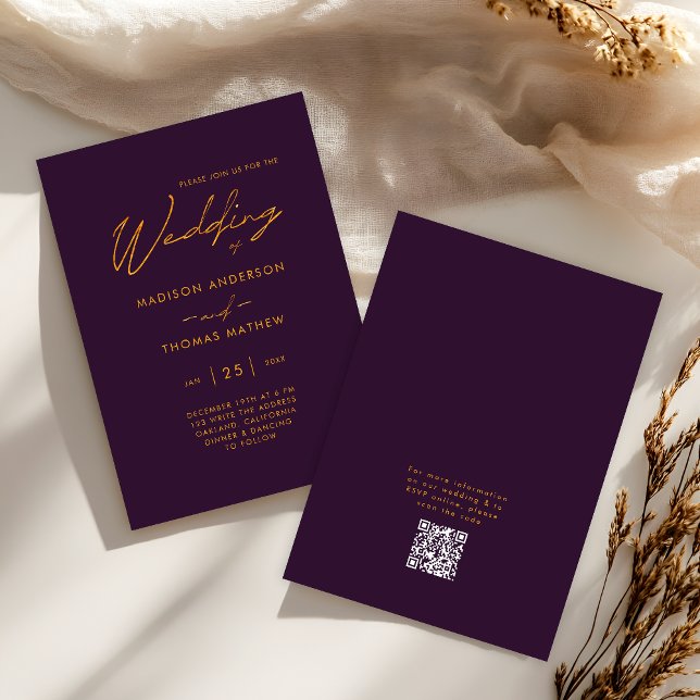 Convite Elegante Tipografia Moderna Roxo Dourado Casamento (Front / Back)