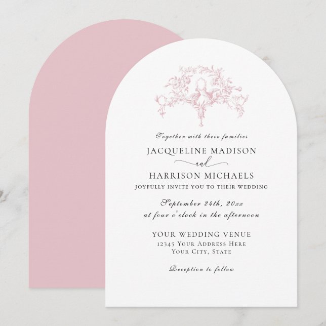 Convite Elegante Toile de França Simples Rosado e Branco c (Frente/Verso)