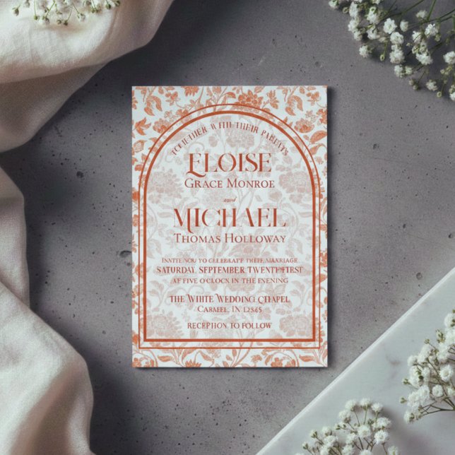 Convite Elegante Toile Floral em Tom Vermelho Terracota Ca (Elegant Floral Toile Script Terracotta Red Wedding Invitation)