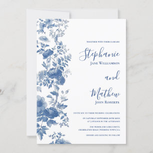 Convite Elegante Toile Floral Francês Azul para Casamento