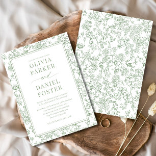 Convite Elegante Toile Floral Francês Verde Sage