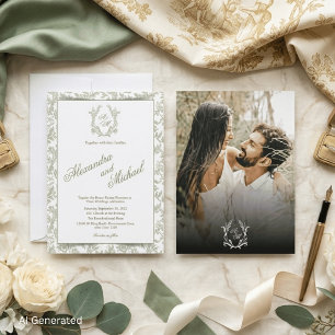 Convite Elegante Toile Floral Monograma Verde Sage Foto