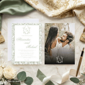 Convite Elegante Toile Floral Monograma Verde Sage Foto