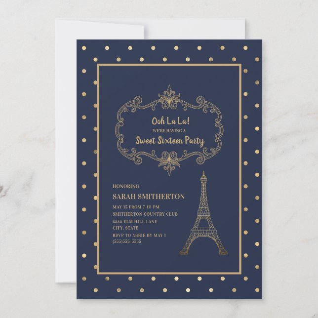 Convite Elegante Torre Eiffel Azul Marinho Dourada Sweet 1 (Frente)