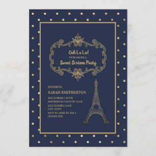 Convite Elegante Torre Eiffel Azul Marinho Dourada Sweet 1