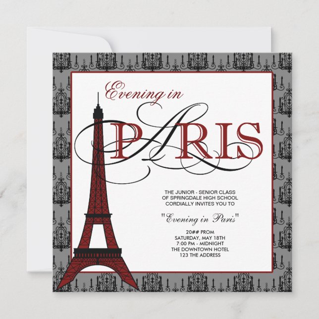 Convite Elegante Torre Eiffel Paris Prom (Frente)
