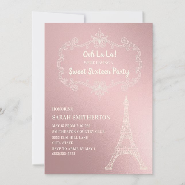 Convite Elegante Torre Eiffel Rosa Creme Branco Sweet 16 (Frente)