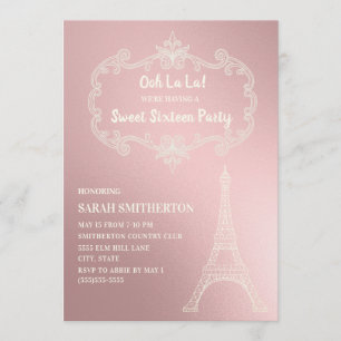 Convite Elegante Torre Eiffel Rosa Creme Branco Sweet 16