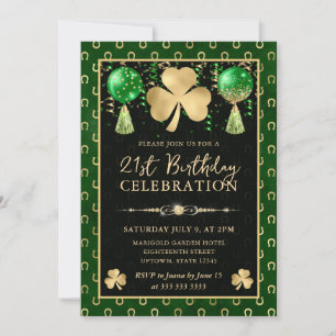 Convite Elegante Trevo de 21º Aniversário em Verde e Doura