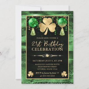 Convite Elegante Trevo de 21º Aniversário em Verde e Doura