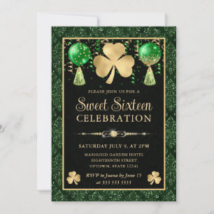 Convite Elegante Trevo Sweet Sixteen Verde e Dourado