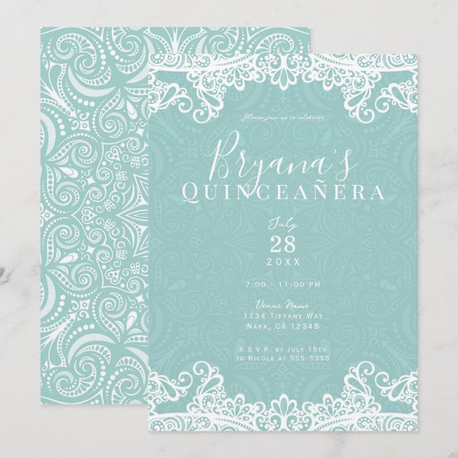 Convite Elegante Turquesa Azul & Renda 15ª Quinceañera (Frente/Verso)