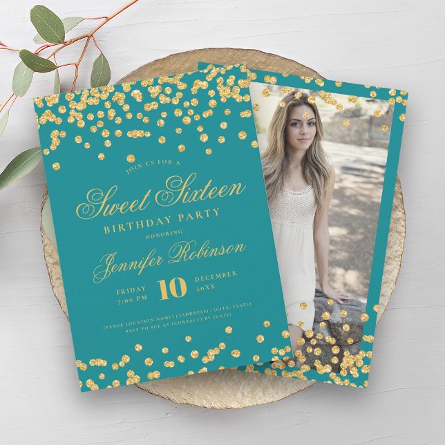 Convite Elegante Turquesa Dourada Confetti Foto Sweet 16 (Elegant Turquoise Gold Confetti Photo Sweet 16 Invitation)