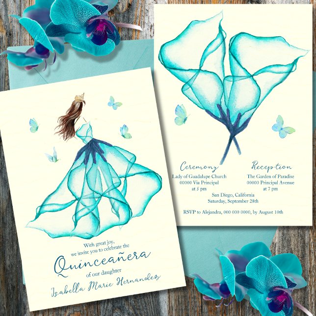 Convite Elegante Turquesa Floral Watercolor Quinceañera (Criador carregado)