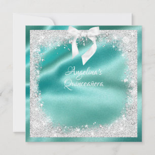 Convite Elegante Turquoise Satin, Silv Glitter, Quinceaner