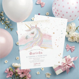 Convite Elegante Unicórnio de Aquarela Aniversário Menina 