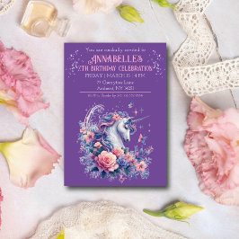 Convite Elegante Unicórnio Lindo Rosa Roxo Aniversário de