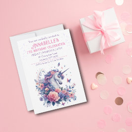 Convite Elegante Unicórnio Rosa Roxo Aniversário de Menina