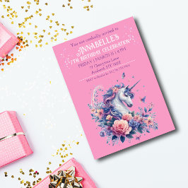 Convite Elegante Unicórnio Rosa Roxo Aniversário de Menina
