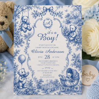 Convite Elegante Urso de Pelúcia em Toile Azul É um Menino