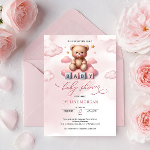 Convite Elegante urso de pelúcia rosa em aquarela com chup