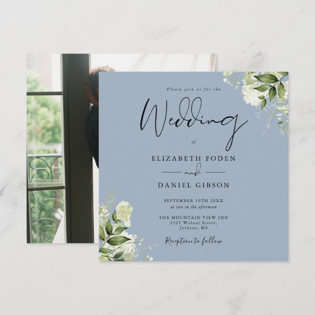 Convite Elegante Verde Azul Empoeirado Foto Quadrada Casam (Frente/Verso)