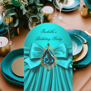 Convite Elegante Verde Azul Ouro Jóia Arco Festa de Aniver