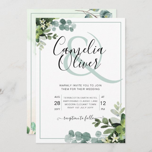 Convite Elegante Verde Botânico Ampersand Wedding Invit (Frente/Verso)
