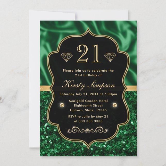 Convite Elegante Verde Cetim & Brilho Dourado Quadro Anive (Frente)