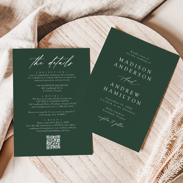 Convite Elegante Verde Código QR Casamento Tudo Em Um (Criador carregado)