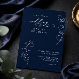 Convite Elegante Verde de Eucalipto Azul Marinho Casamento
