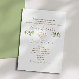 Convite Elegante Verde de Eucalipto Coração de Ouro Casame