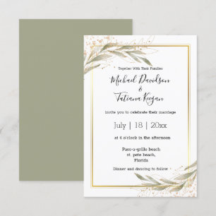 Convite elegante verde deixa dourado brilha luxo casamento