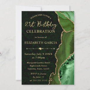 Convite Elegante Verde Dourado Brilho Ágata 21º Aniversári