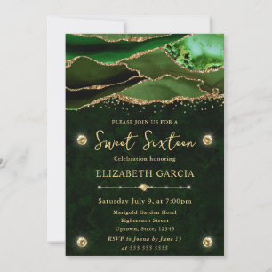 Convite Elegante Verde Dourado Brilho Ágata Doze Aniversár