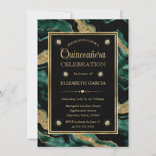 Convite Elegante Verde & Dourado Brilho Ágata Quinceanera