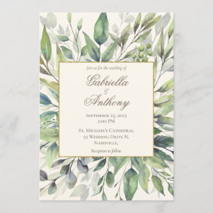 Convite Elegante Verde Dourado Deixa Casamento de Aquarela