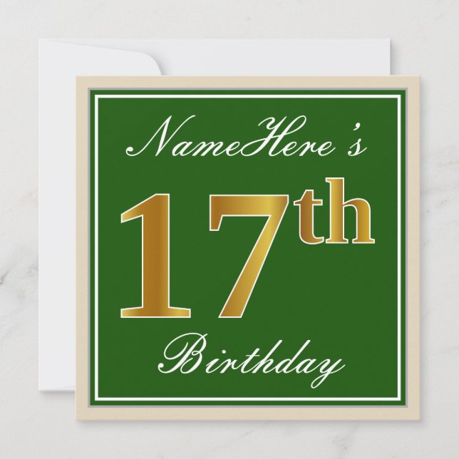 Convite Elegante, Verde, Dourado Falso Aniversário de 17 a (Frente)