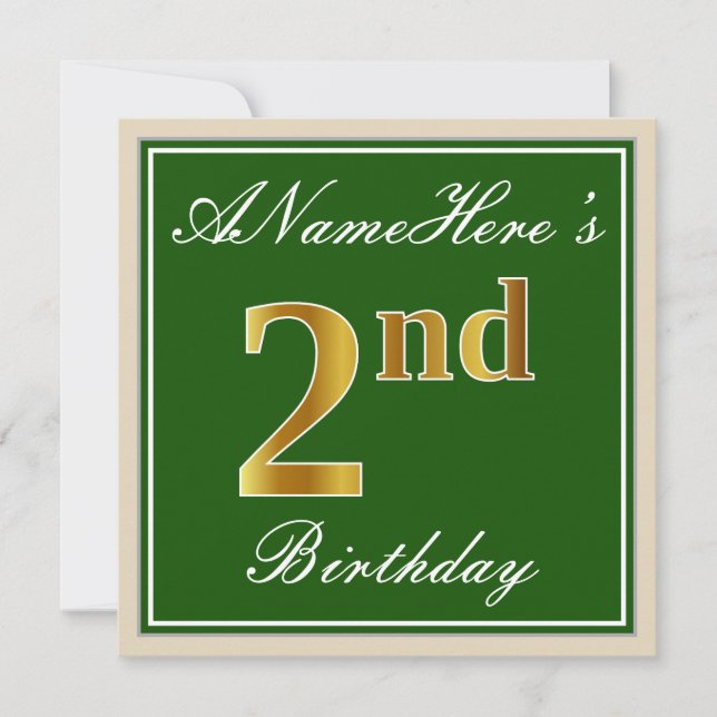 Convite Elegante, Verde, Dourado Falso Aniversário de 2 an (Frente)