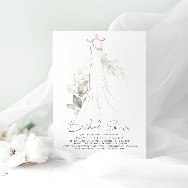 Convite Elegante Verde e Chá de panela de Vestido Casado I (Rose Gold Dress and Greenery Bridal Shower Invitations)